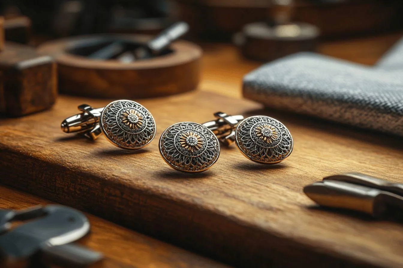 Boutons de manchette artisanaux design : Accessoire unique avec des boutons de manchette artisanaux au design travaillé